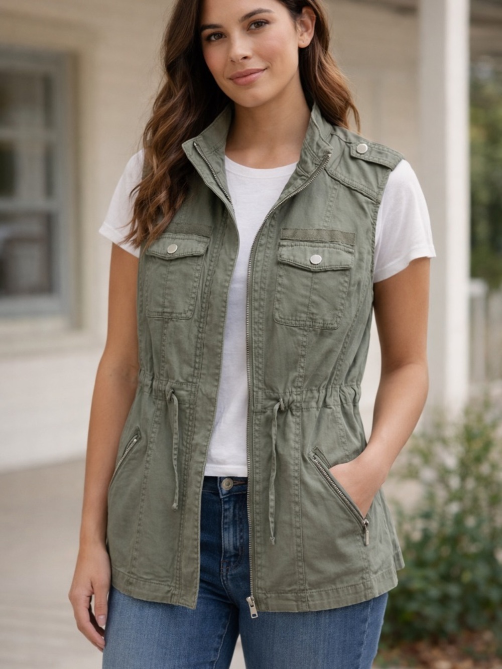White House Black Market Olive Zip-Front Utility Vest